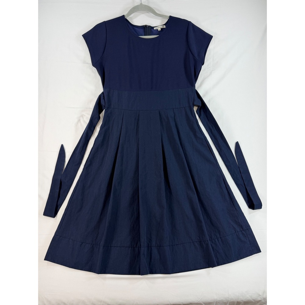 JessaKae Navy Blue Mixed Media Fit Flare‎ Midi Dress Short Sleeve Tie Waist M